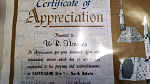 Certificate of appreciation to W R Thompson